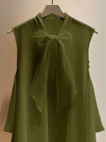 Women's Summer New Fashion Elegant Casual High-Low Hem Bow Collar Sleeveless Top - Army Green - View 5