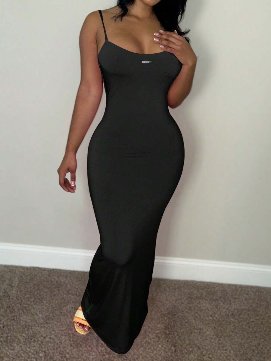 LovelyWholesale Women's Adjustable Strap Solid Color Fitted Long Dress, Summer Fashion - Black - View 1