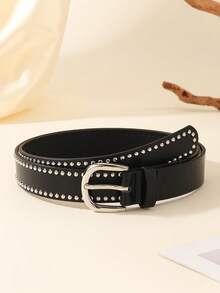 1 pieza Hebilla plateada Cinturón de mujer clásico cuadrado piramidal, de 2.8cm de ancho de cuero PU adecuado para uso diario - Negro con hebilla blanca - Ver 6