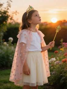 3件套女童披风，星形可爱公主风斗篷，日常佩戴配饰，圣诞节，生日派对，礼物 - 藕粉色 - 查看 1