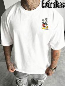 Disney Mickey Mouse Pattern Print, Cartoon Elements Fashionable Loose Short Sleeved Street Style T-Shirt, Spring And Summer Fashionable Versatile Top - trắng - Xem 2