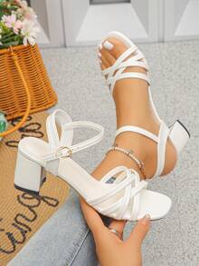 2026 Latest Square Toe Thick Heel Sexy Bare Strap Party Style Buckle Closure Women's Fashion Sandals - White - View 1