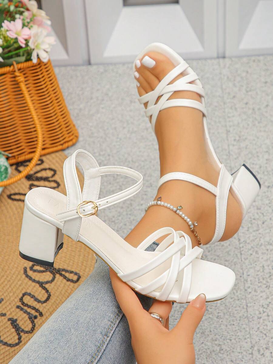 2026 Latest Square Toe Thick Heel Sexy Bare Strap Party Style Buckle Closure Women's Fashion Sandals - White - View 1