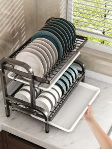 Dish Rack, 2 Tier Dish Drying Rack Dish Drainers For Kitchen Counter Storage Cutlery Holder Home Carbon Steel For Dishes,Cups,BowlsSpace-Saving Design Suitable For Women In Apartments - 查看 4