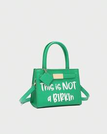 Tote&Carry Women's Y2K Baddie Sassy Letter Print Mini Tote Bag, Vibrant Green PU Leather Crossbody Top Handle Purse, This Is Not A Birkin Ironic Luxury Parody Statement Handbag For Spring Festival Concert Party - 綠色 - 查看 3