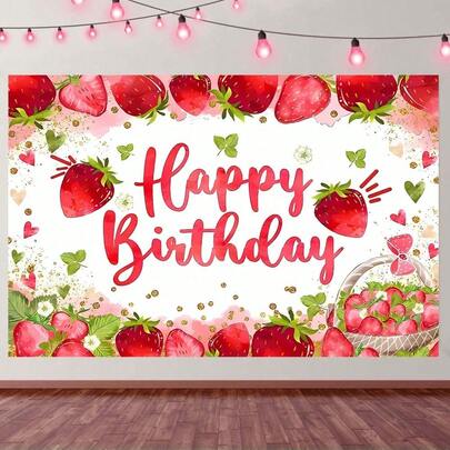 1件草莓主题生日派对背景横幅，生日快乐派对装饰，草莓主题派对，庭院/室内生日派对用品