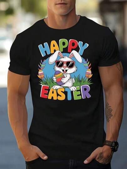 男士趣味T恤，设计充满复活节气息，印有戴着眼镜的酷炫兔子和色彩缤纷的复活节彩蛋图案，是节日礼物或复活节派对服装的理想之选。