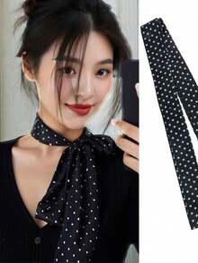 1条复古波点真丝围巾，优雅长款飘带，时尚百搭，可作领巾、头巾、腰带、包包装饰，适合女性夏季发饰、沙滩发夹、度假发夹、假日旅行 - 彩色 - 查看 9