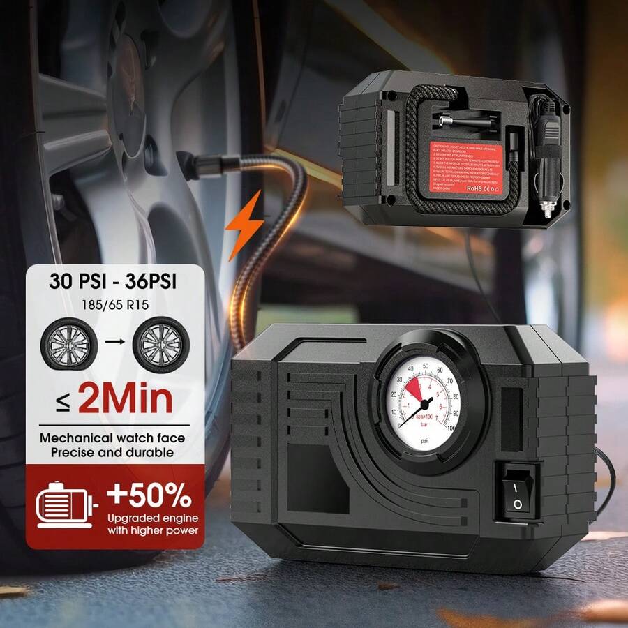 CARSUN Inflador de neumáticos portátil mini de 12V con iluminación nocturna brillante, diseño mecánico para automóvil'