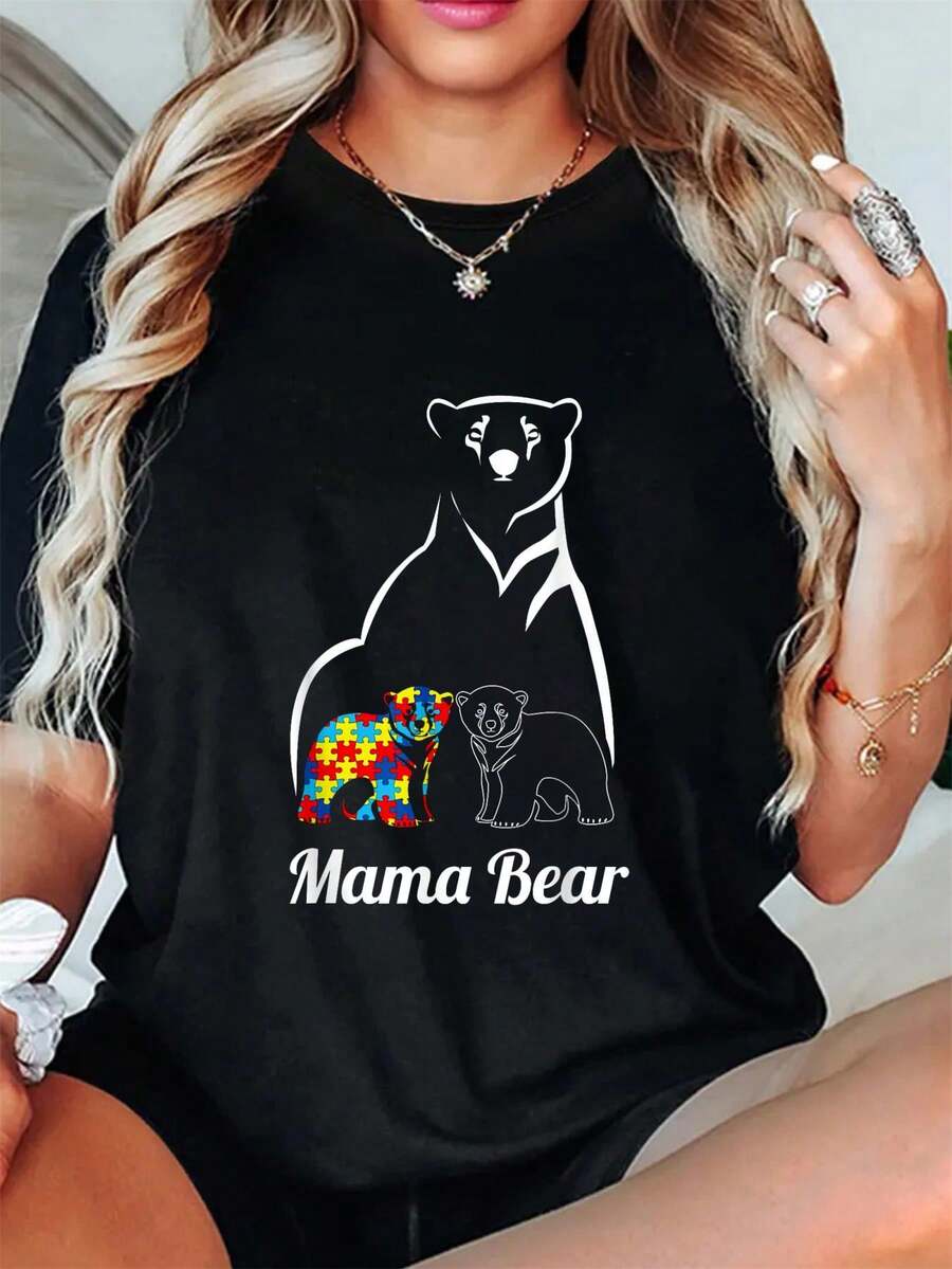 Camiseta de verano con el lema "Mamá Osa" y "Mamá Autista", de manga corta y cuello redondo, para mujer. - Negro - Ver 1