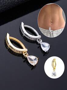 1pc Copper Zirconia Water Drop Navel Piercing Jewelry, Stainless Steel Smooth Belly Button Ring, Suitable For Men And Women - 1.6*10mm - View 2