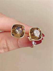 1 Pair Fashionable Cute Metal Geometric Square Caramel Crystal Stud Earrings, Women's Party, Banquet, Holiday Jewelry Accessories, Daily Wear - Gold - View 2