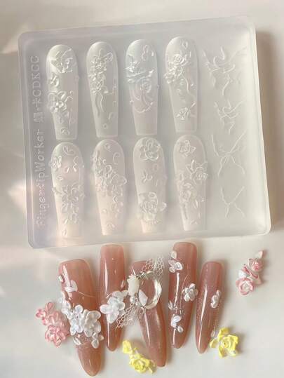 1件装玫瑰花、蝴蝶、烛台、蝴蝶结、珍珠链美甲模具，透明硅胶美甲装饰模具