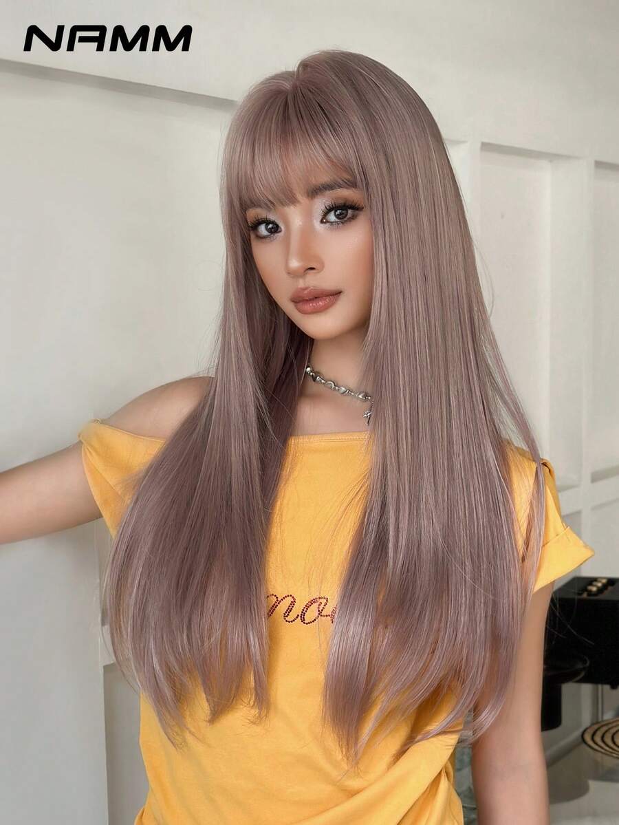 NAMM 26英寸长直紫色假发，带刘海 - 长款自然层次假发，高品质柔软合成纤维直发假发，适合女性日常佩戴、节日派对等场合 - 樱花庆典魅力派对街头风摄影 - 女孩礼物假发配件 - 初学者无胶假发配件