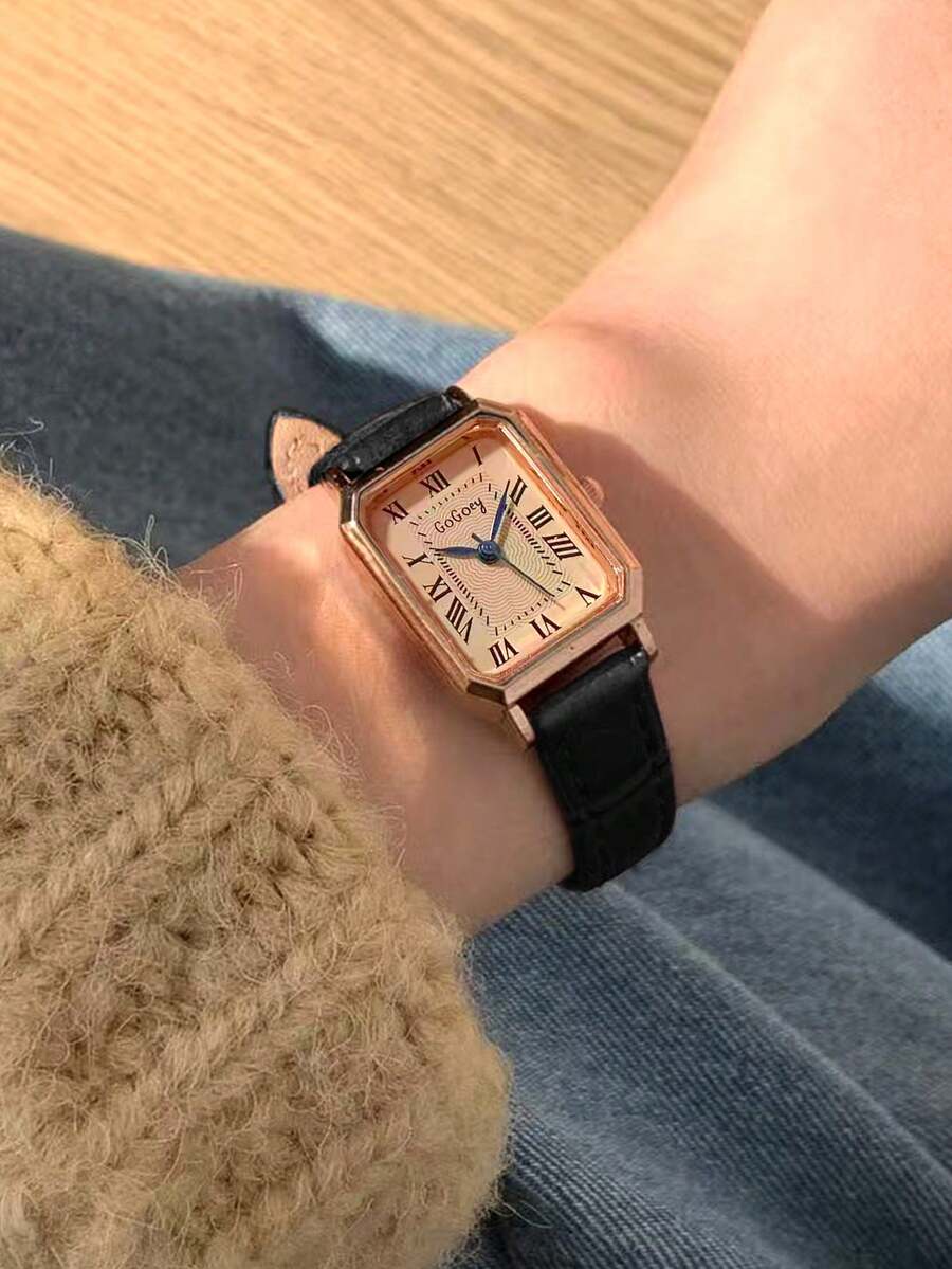 女士PU皮表带腕表，复古英伦风小表盘石英表，小众奢华时尚，适合节日、派对、婚礼、返校季、圣诞节、感恩节、万圣节、复活节等各种场合，是送给女性的最佳礼物。 - 黑色 - 查看 1