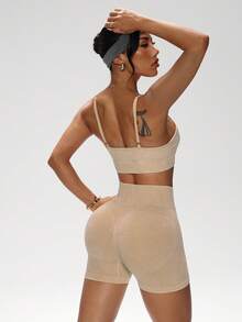 TCVC Spring/Summer New Arrival Women's Washed Textured Yoga Bra And Shorts Set, Fashionable Front Twist Bra, High-Waisted Lifting Shorts For Sports & Fitness - Champagne - View 2