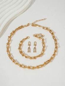 3pcs/Set European & American Ins-Style Influencer Jewelry - U-Shaped Horseshoe Pendant Necklace, Bracelet, And Earrings - Gold - View 3