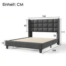 Upholstered Double Bed With Padded Headboard, 140x200cm, In Grey Linen, Medium Firmness (Mattress Not Included) - Dark Grey - View 2