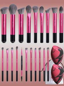 BS-MALL 23pcs Professional Face Makeup Brush Set, 20pcs Soft Velvety Makeup Brushes + 2pcs Red & Black Patterned Makeup Sponge + White Makeup Sponge Holder - Hot Pink - View 9