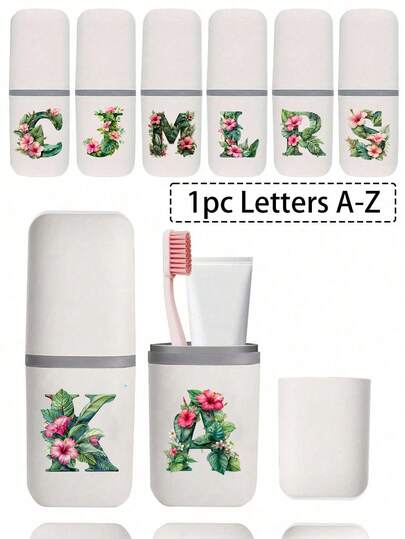 Portable Travel Toothbrush Box, Printed With Letters A-Z And Green Leaves And Red Flowers Design, Bathroom Accessories,Outdoor Travel Toothbrush Toothpaste Storage Boxes,Letter Series Print Dust-Proof Organizer Case,Travel Essentials,School Back To School School Supplies,Holiday Camping Holiday Essentials ,Vacation Mini Summer Supplies,Bathroom Accessories, Household Items, And Storage Supplies