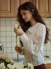 Women's Rayon Peter Pan Collar Long Sleeve Blouse With Tie Detail, Regular Length Top - White - View 2