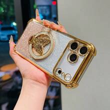 Étui de téléphone portable de luxe papillon pailleté avec anneau magnétique super puissant transparent et électroplaqué, compatible avec les téléphones Apple 17 16, Galaxy A04E A05S A06 A07 A12 A13 A14 A15 A16 A17 A21S A22 A23 A24 A32 A33 A34 A35 A53 A54 A73 S10 S20 S21 S22 S23 S24S25 Ultra Note 20 Note 7/8/9/10/11/12/13/14, 9/10/12/13C/14C A5, MOTO, Honor, HW, C53 C55, cadeau de printemps et d'anniversaire - Doré - Voir 5