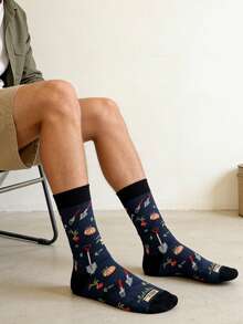 1 双男士海军蓝镶边园艺工具和蔬菜图案中筒袜，日常穿着，四季皆宜 - 彩色 - 查看 6