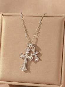 Luxury Sparkling Full Diamond Double Cross Copper Pendant, Stainless Steel Chain, Suitable For Daily Wear, Parties, Valentine's Day And Christmas. Copper Zirconia 18K Gold Cross Pendant Necklace, Ideal Gift For Mother/Partner/Best Friend/Friend, Suitable For Daily And Holiday Wear, And Praying. - Gold - View 3