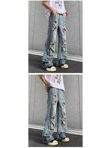 Pantalones de alta calle estadounidense 2026 jeans destrozados con estilo punk europeo y estadounidense unisex para hombre y mujer en descuento de fin de año para fiestas de Año Nuevo en invierno - Azul - Ver 9