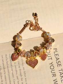 Heart & Flower Charm Bracelet Classic Heart Bracelet Heart Tree Of Life Bracelet Fashionable Golden Heart Bracelet Women - 粉色 - 查看 6