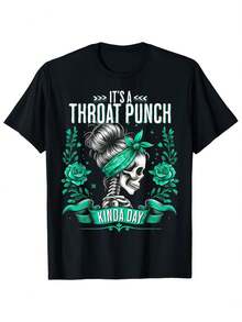 Men'S Graphic T-Shirt: A Day for Throat Punches, Featuring a Black Edgy Skeleton Adorned with Floral Roses And Teal Highlights. This Regular Fit Short Sleeve Casual Summer Tee Is Perfect for Laid-Back Outfits. It Makes a Strong Statement in a Classi - Negro - Ver 1