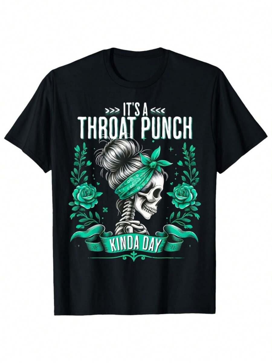 Men'S Graphic T-Shirt: A Day for Throat Punches, Featuring a Black Edgy Skeleton Adorned with Floral Roses And Teal Highlights. This Regular Fit Short Sleeve Casual Summer Tee Is Perfect for Laid-Back Outfits. It Makes a Strong Statement in a Classi - Negro - Ver 1