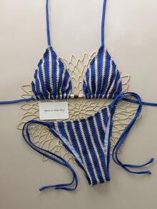 女士性感V领条纹比基尼套装，珍珠系带设计，侧系带泳裤，适合海滩度假 - 彩色 - 查看 3