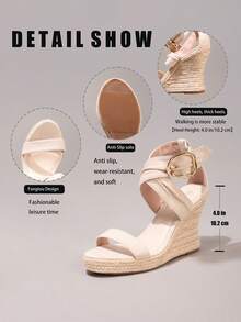 绳编厚底凉鞋，度假休闲露趾优雅高跟拖鞋，日常时尚麂皮女鞋 - 杏色 - 查看 4