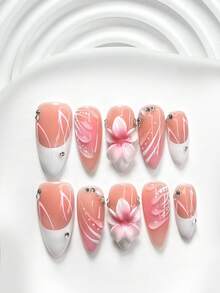 10片装夏季美甲凝胶套装，包含亚克力镶嵌甲片、手工五瓣粉色花朵美甲装饰、手绘纯色水波纹、白色波点、法式边、白色指甲油，以及美甲工具（1张果冻贴+1把指甲锉），三种尺寸可选：方形、短方形、杏仁形 - 彩色 - 查看 11
