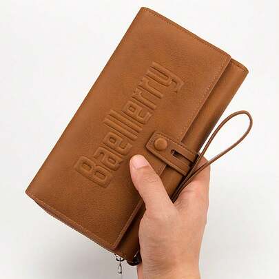  1 pieza Cartera larga con cremallera Baellerry para hombres, diseño de gran capacidad multifuncional, bolsillo de monedas con cremallera separada + ranura transparente para identificación + múltiples ranuras para tarjetas, adecuada para negocios y viajes