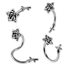 不锈钢马蹄形玫瑰花耳钉 S形耳环 女士时尚经典肚脐环唇钉 唇部穿孔饰品 - 鋼色 - 查看 11
