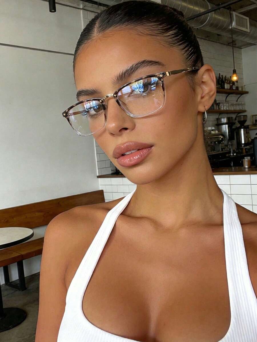Unisex Rectangular Leopard Print Metal Frame Glasses, Lightweight Fashion Glasses For Computer/Reading/Gaming/TV/Phone, Lenses Can Change From Transparent To Light Gray - Clear - View 1