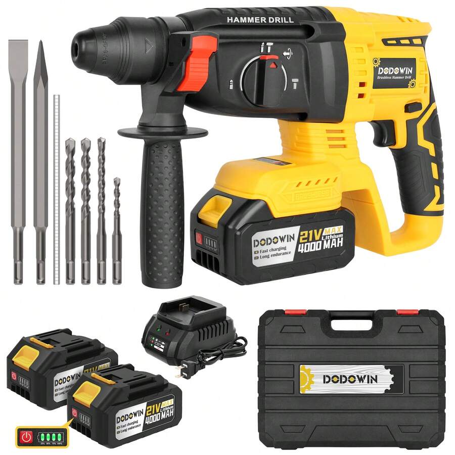 SDS-Plus Hammer Drill, 21V Brushless Cordless SDS Hammer Drills, 4000mah 4.0Ah Lithium-Ion Battery Powered, 4.0A Fast Charger, 4 Modes, Rotomartillo For Concrete, Heavy-Duty Wireless Charging Electric Pick, Christmas Gifts - US A Type Plug(110-127V) - View 1