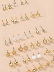 30件/套 简约水晶花朵、爱心、蝴蝶结及仿珍珠耳钉套装，适合日常、约会、派对等场合。 - 金色 - 查看 4