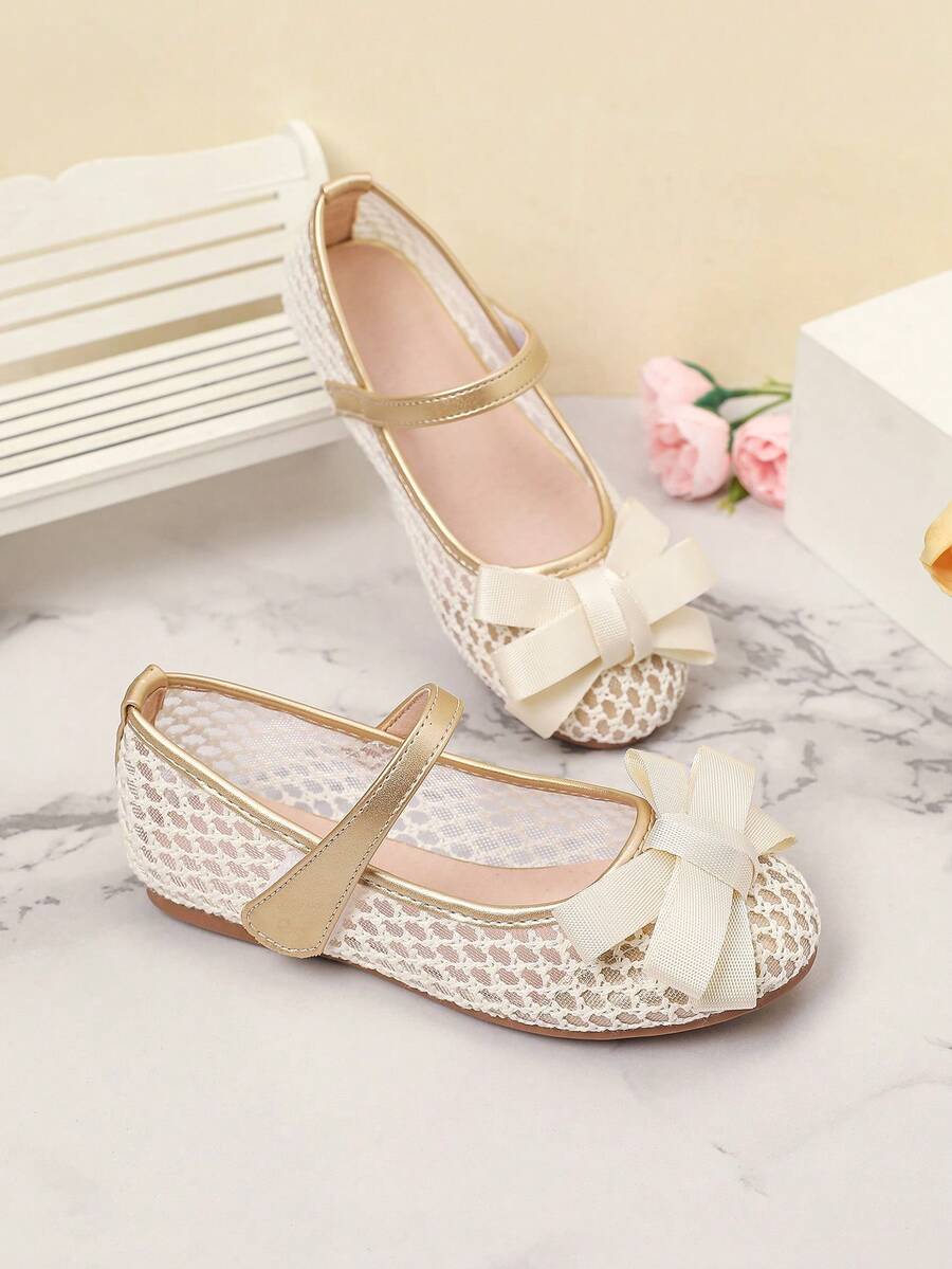 Fashionable Girls' Flat Bow Mesh Casual Shoes For Spring & Summer - Gold - View 1