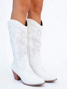 Cowboy Boots For Women, Brown Western Style Fashion Pointed Toe Embroidered Chunky Heel Slip-On Boots, Autumn/Winter - White - View 7