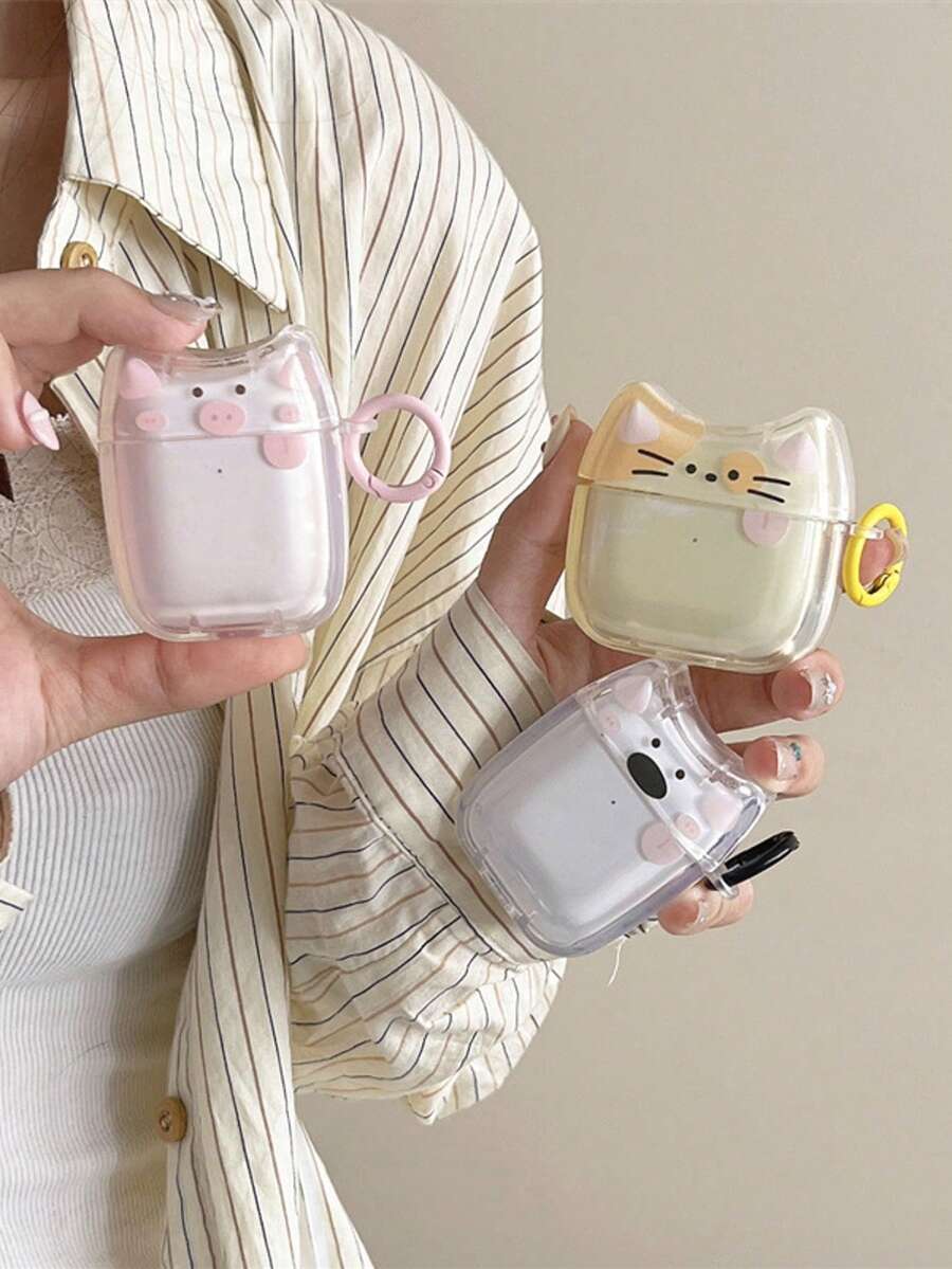 1套可爱粉色猫咪趣味动物表情猫耳耳机保护套，兼容苹果第四代、Pro 2/3蓝牙耳机软包 - 彩色 - 查看 1