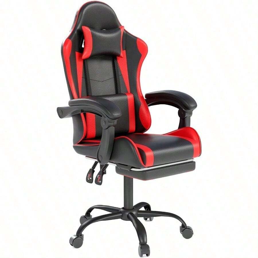 Silla de juegos con reposacabezas y soporte lumbar, silla de oficina ergonómica de respaldo alto, silla de escritorio ejecutiva estilo de carreras, silla giratoria ajustable de cuero para oficina en casa (Blanco) - Rojo Negro - Ver 1