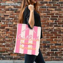 2D Flat Printing St, Barth Summer Paradise Large Canvas Tote Bag- Vintage Floral Print, Lightweight& Foldable With Fixed Shoulder Straps, Fade-Resistant For Beach, Picnic, Shopping& Vacation, Beach Beautiful Art For Beautiful Reusable ZZTM07 - Màu be - Xem 1