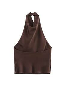 Vintage Satin Backless Camisole, Women's Sexy Fitted Sleeveless Top For Summer - Coffee Brown - View 2