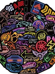 50pcs Neon Racing Stickers Aesthetic Vibes For Journal, Phone Case, Tablet, Water Bottle, Desk, Helmet, Bike, Luggage, Waterproof Decals - Multicolor - View 8