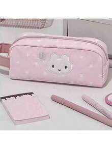 1pc Pink Cute Rabbit Design Large Capacity Stationery Bag, High-Quality Handheld Pencil Case, Essential Back To School Item For Girls - Pink - View 7