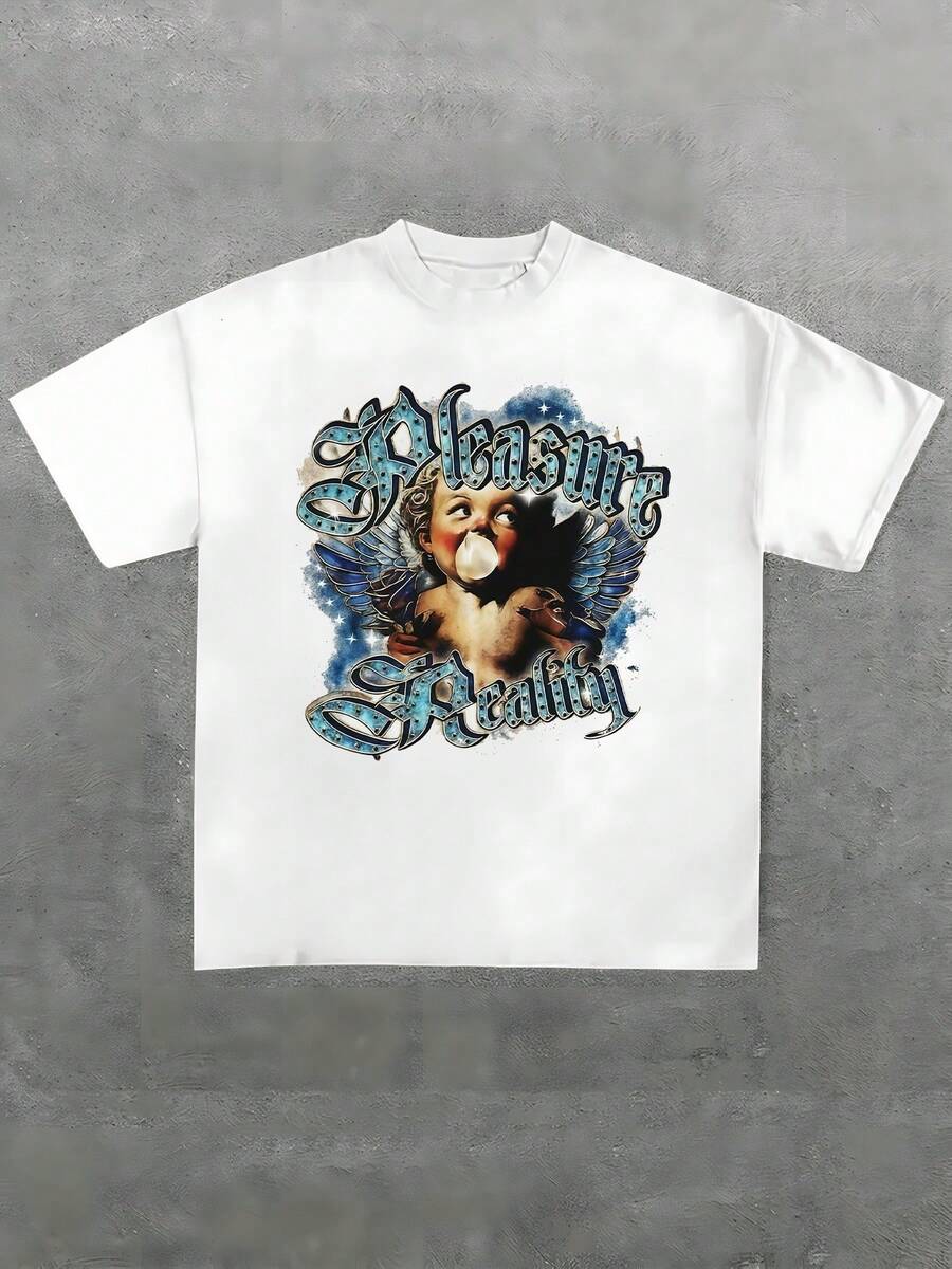 Plus Size Angel Wings Pleasure Reality 100% Cotton T Shirt 1pcs Vintage Airbrush Graphic Print T Shirt Streetwear Short Sleeve Summer Tee For Men Women - White - View 1