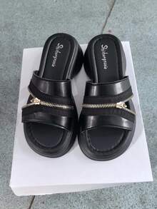 Dép lê nữ kiểu Bohemian bằng da giả có khóa kéo, thích hợp cho các bữa tiệc, mùa xuân/hè. - màu đen - Xem 1